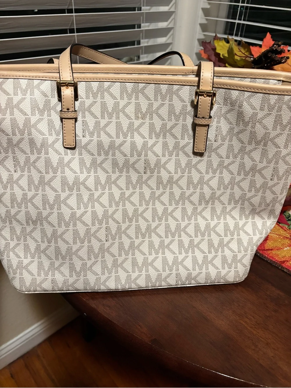 Michael Kors Cream and Tan Signature MK Tote with Gold Charm